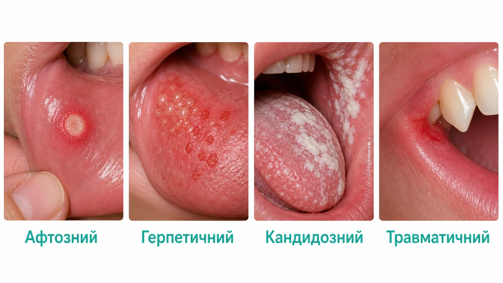 Как выглядят разные виды стоматита: афтозный, герпетический, кандидозный и травматический