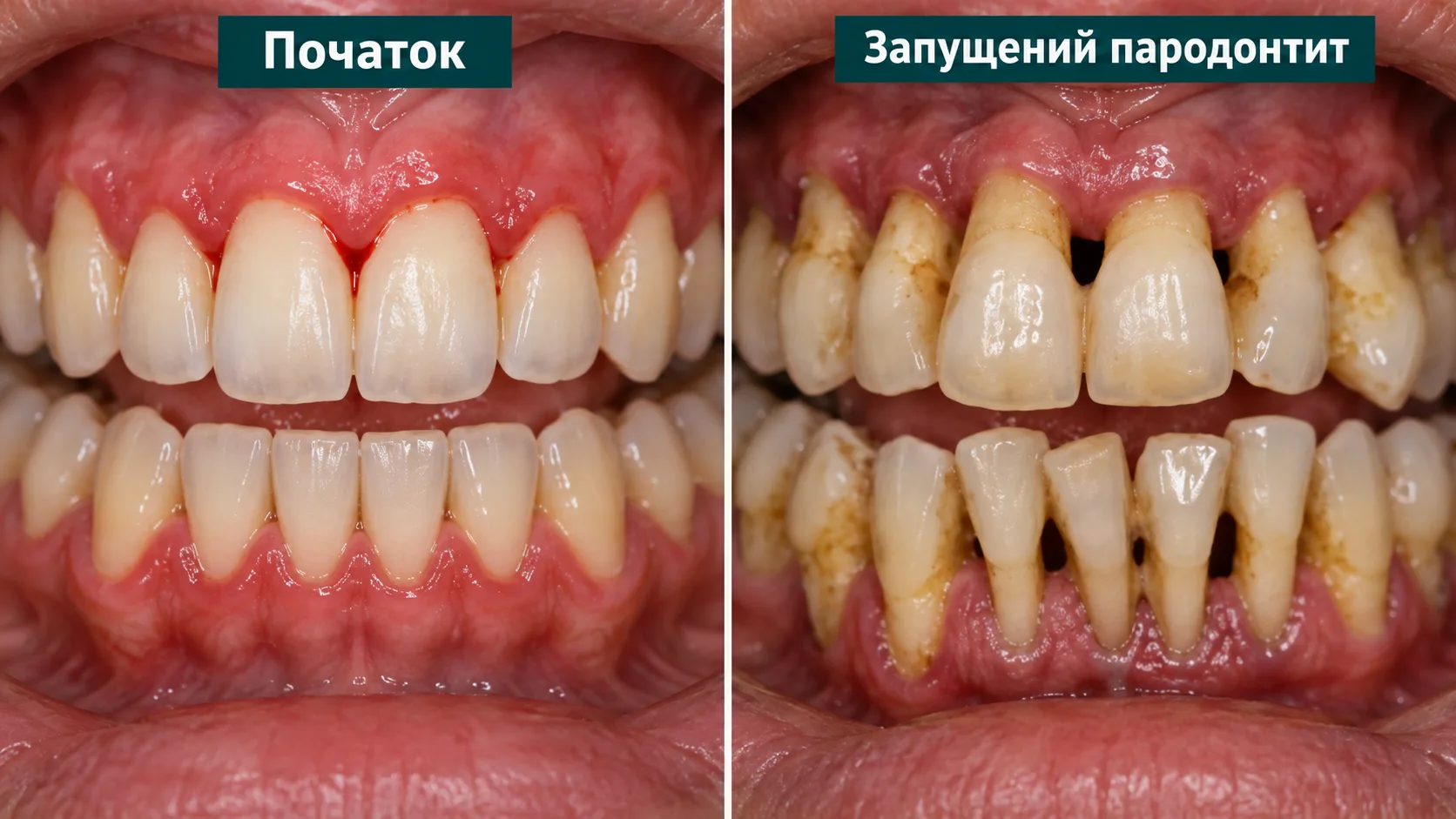 Як виглядає пародонтит: на початку червоні ясна, що кровоточать; у запущеній стадії ясна опустилися, оголені корені й щілини між зубами