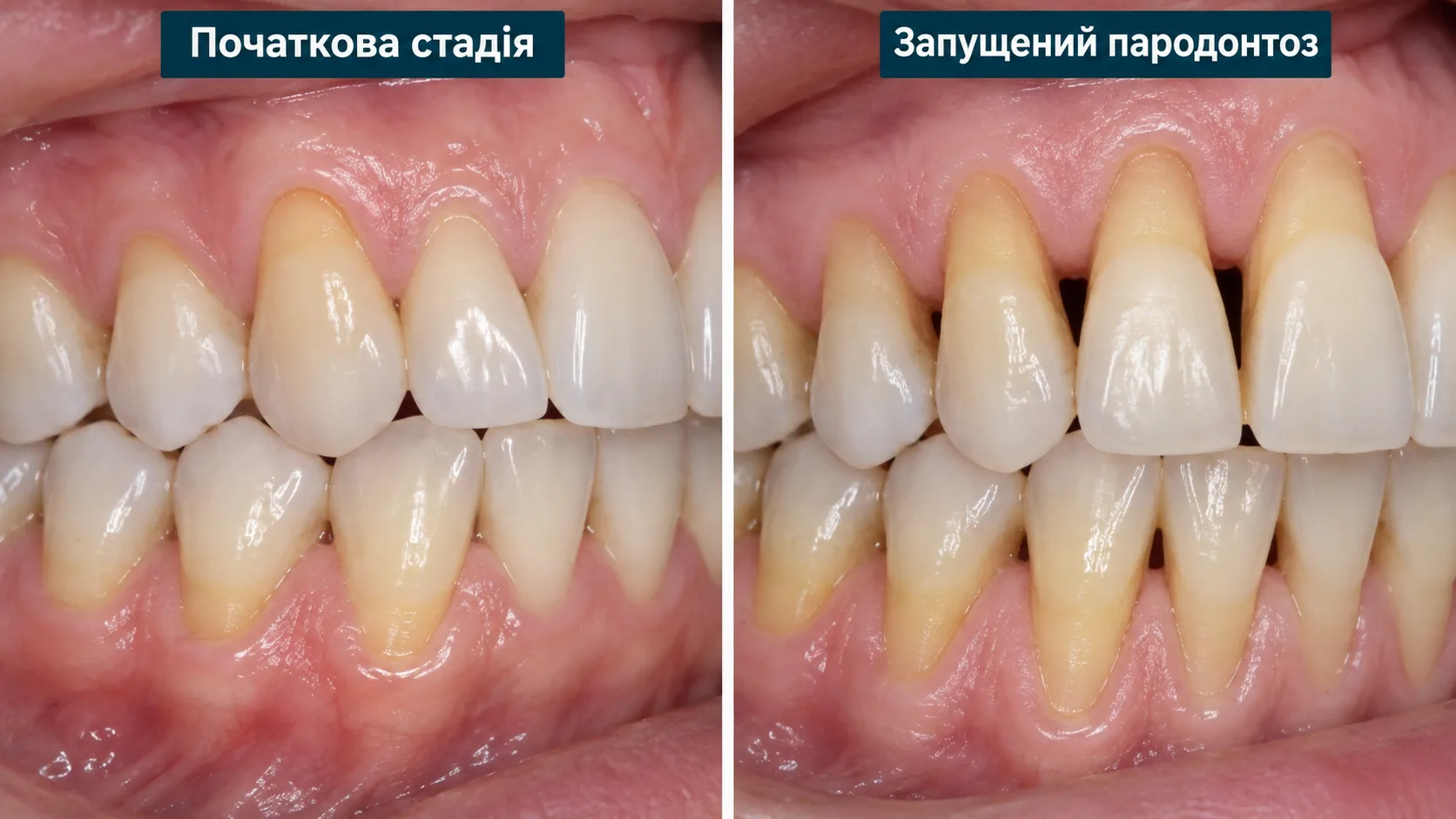 Як виглядає пародонтоз: на початковій стадії ясна опустилися на 1–2 мм, у запущеній — довгі зуби з оголеними коренями й щілинами