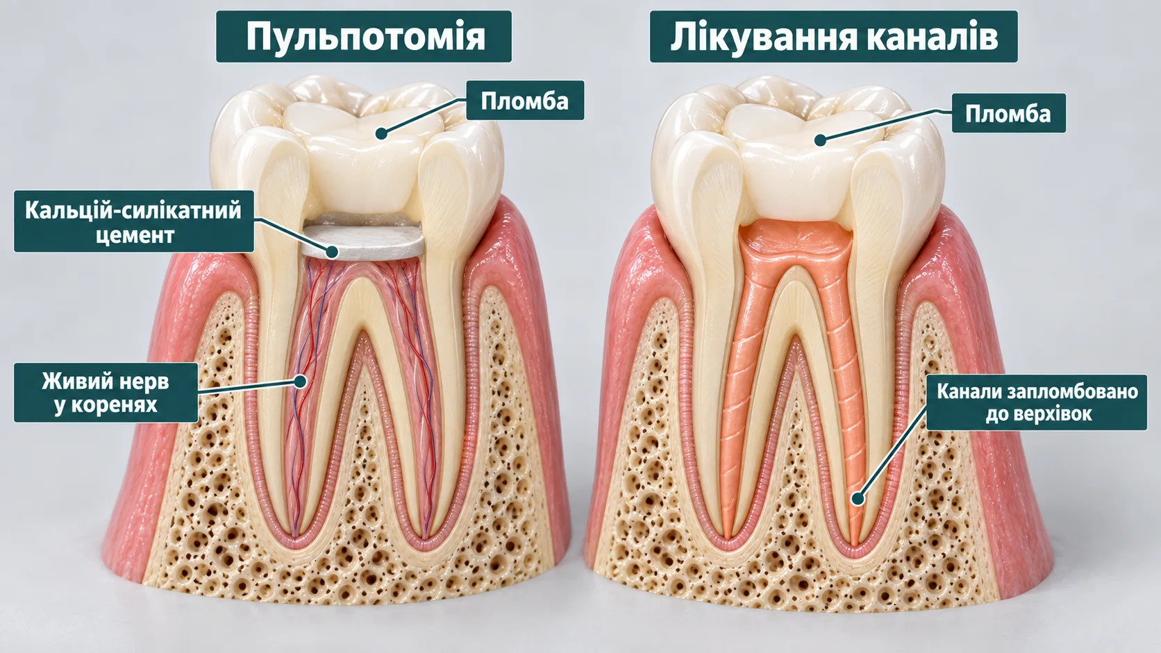 Пульпотомія і лікування каналів у розрізі: у першому зубі під шаром кальцій-силікатного цементу в коренях лишається живий нерв, у другому канали запломбовано до верхівок